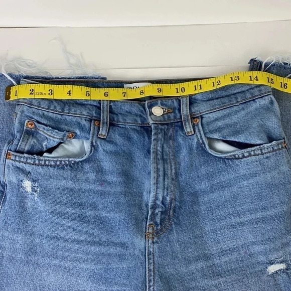 Zara the HW kick high waist distressed hem high medium wash blue jeans  XS - Picture 8 of 16